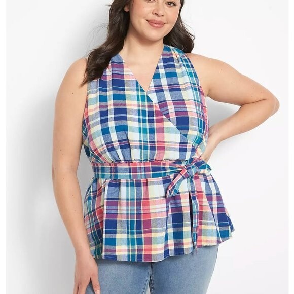 Lane Bryant Classic Surplice-Neck Belted Top 22‎ NEW Plaid Halter Linen Cotton - Picture 1 of 14